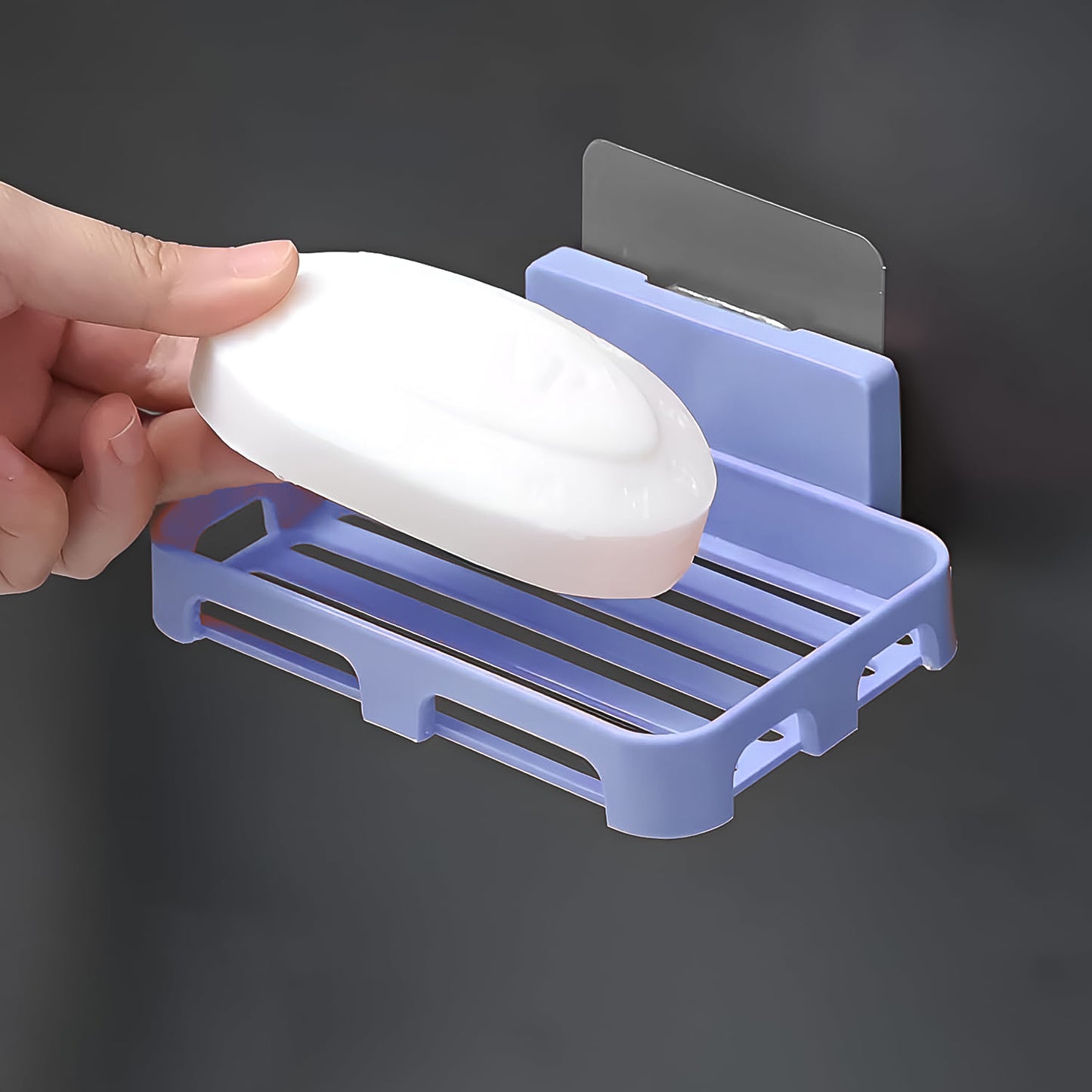 Wukusy wall-mounted plastic soap dish holder for bathroom or kitchen, with self-adhesive design and sponge storage tray.