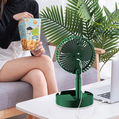 Wukusy telescopic electric desktop fan with adjustable height, foldable design, silent operation, ideal for bedside or office use.