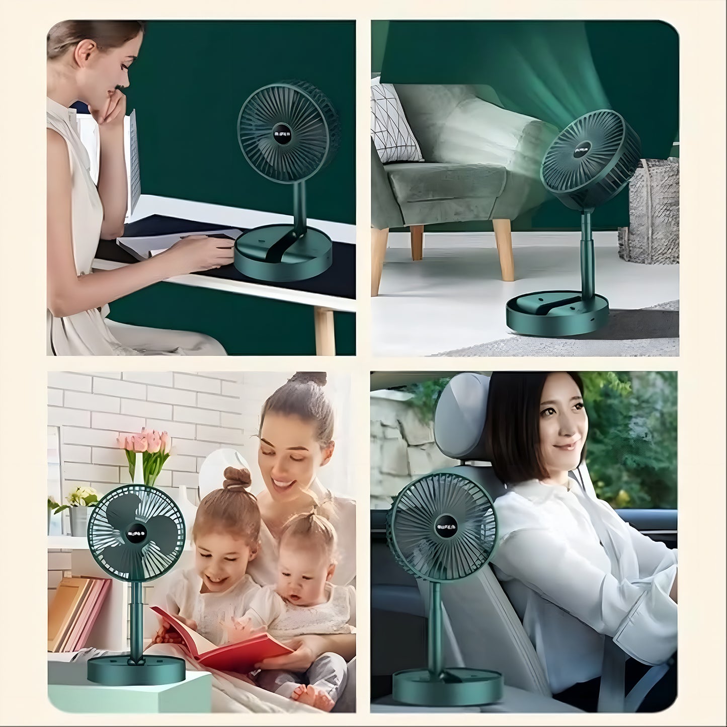 Wukusy telescopic electric desktop fan with adjustable height, foldable design, silent operation, suitable for bedside or office use.