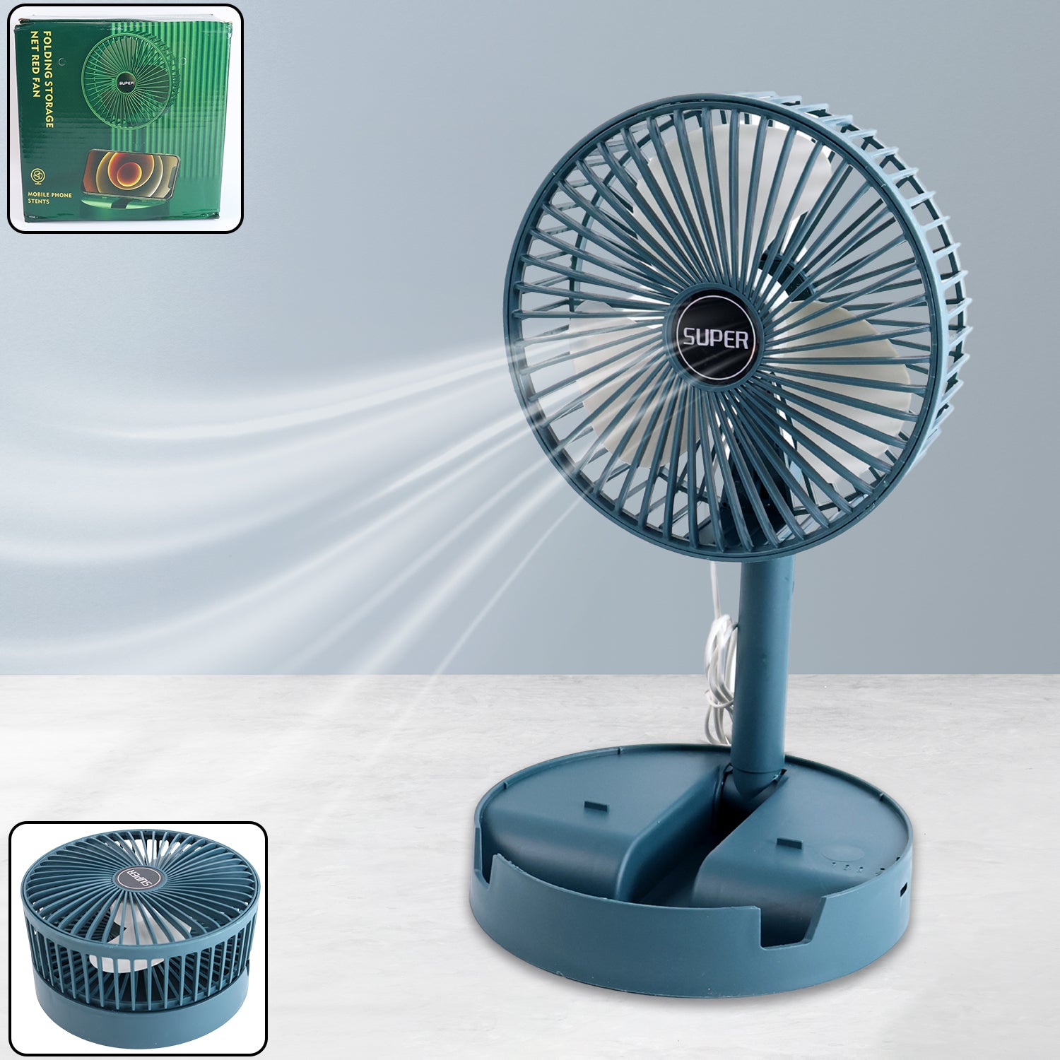 Wukusy telescopic electric desktop fan, portable, height adjustable, foldable personal table fan for bedside or office use.
