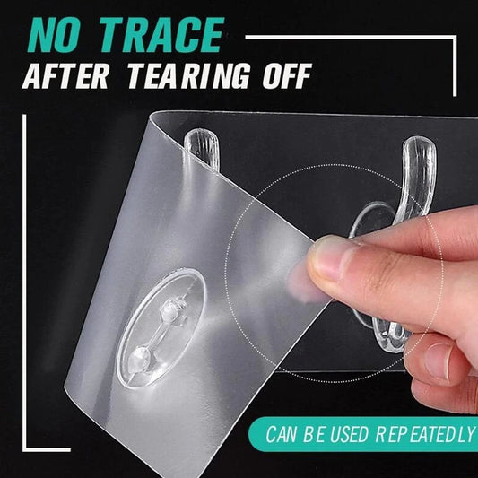 Wukusy 4654 adhesive transparent heavy-duty wall hook for home improvement, mounted on a wall for hanging items.