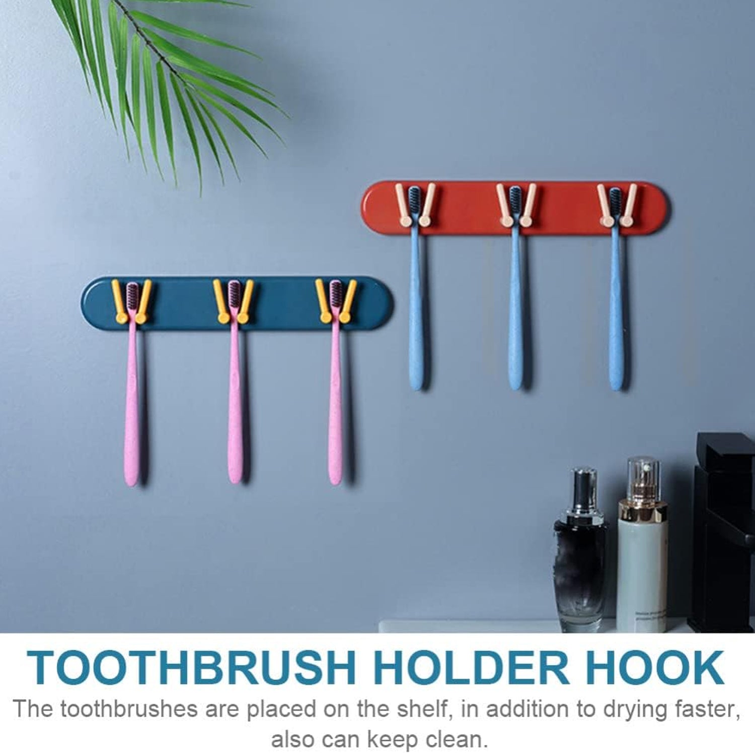 Wukusy plastic toothbrush holder and bathroom organizer with wall-mounted shelf and hooks for bathroom storage.
