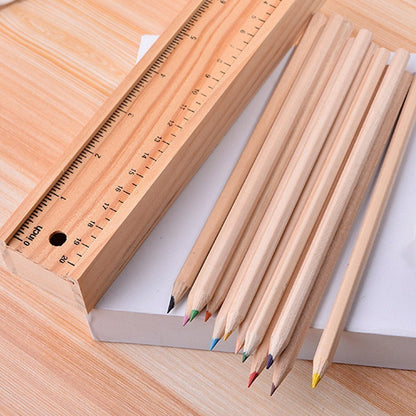 Colorful wooden pencil set with pencil box, ruler, and sharpener by Wukusy, designed for kids, artists, and architects.