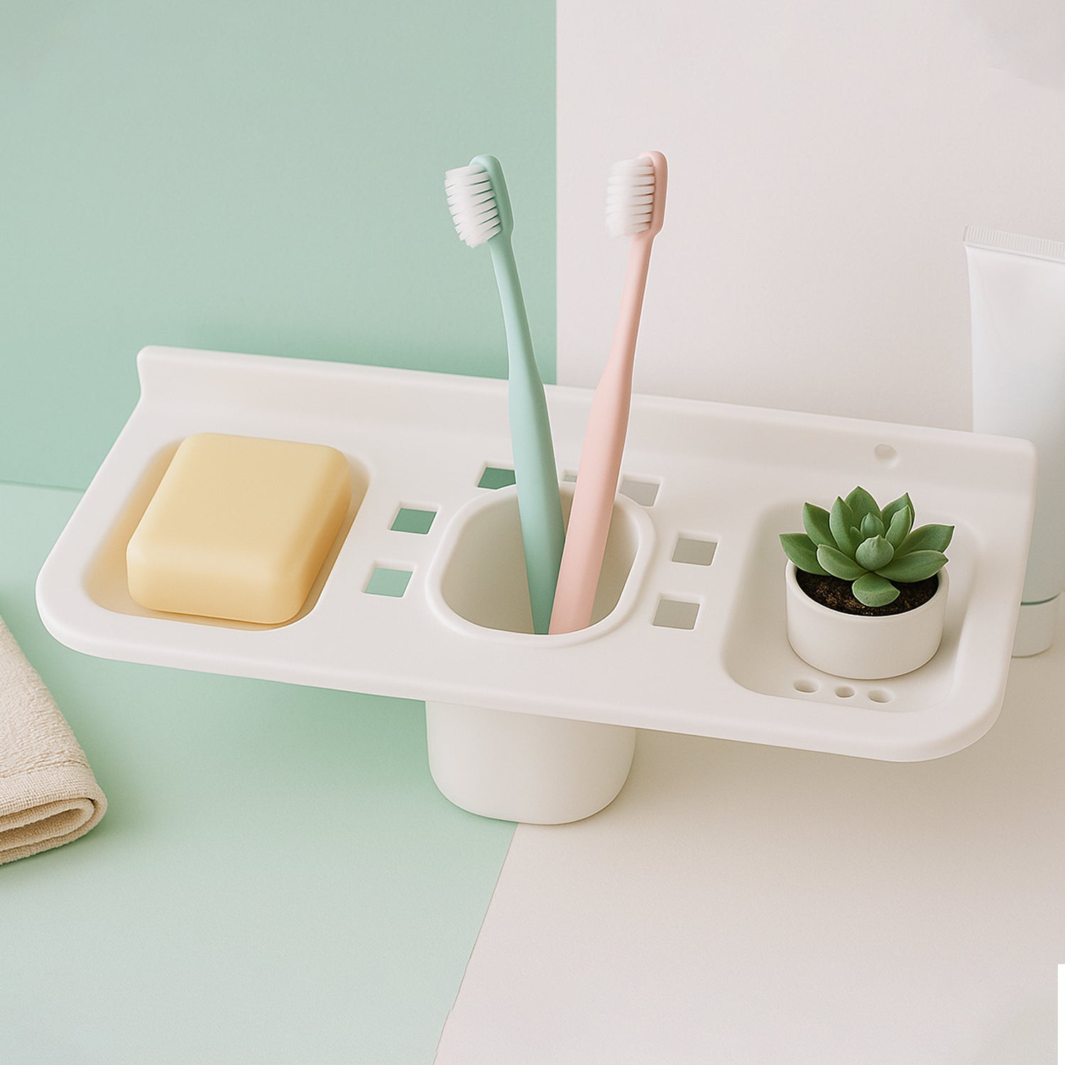 Wukusy 4-in-1 plastic soap dish and tray for bathroom and kitchen, featuring multiple compartments for soap and accessories.