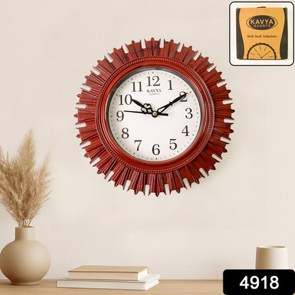 Wukusy wooden-look designer wall clock with round plastic frame, easy-to-read face, battery operated, suitable for home and office decor.