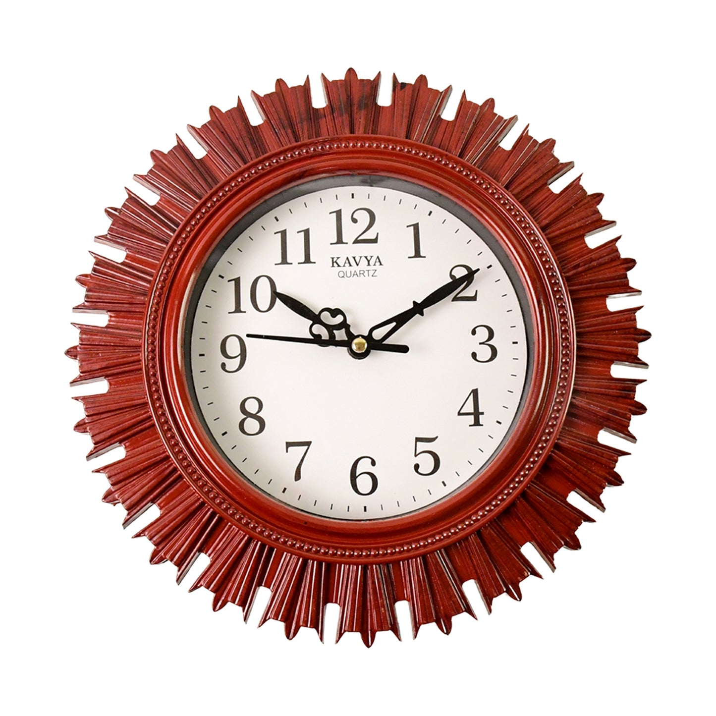 Wukusy wooden look designer wall clock, round plastic battery-operated clock with easy-to-read numbers for home, kitchen, or office.