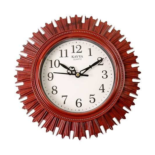 Wukusy wooden look designer wall clock, round plastic battery-operated clock with easy-to-read numbers for home, kitchen, or office.