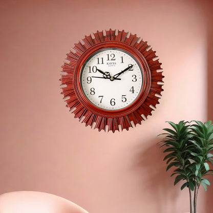 Wukusy wooden look designer wall clock, round plastic with easy-to-read face, suitable for home, kitchen, bedroom, or office.