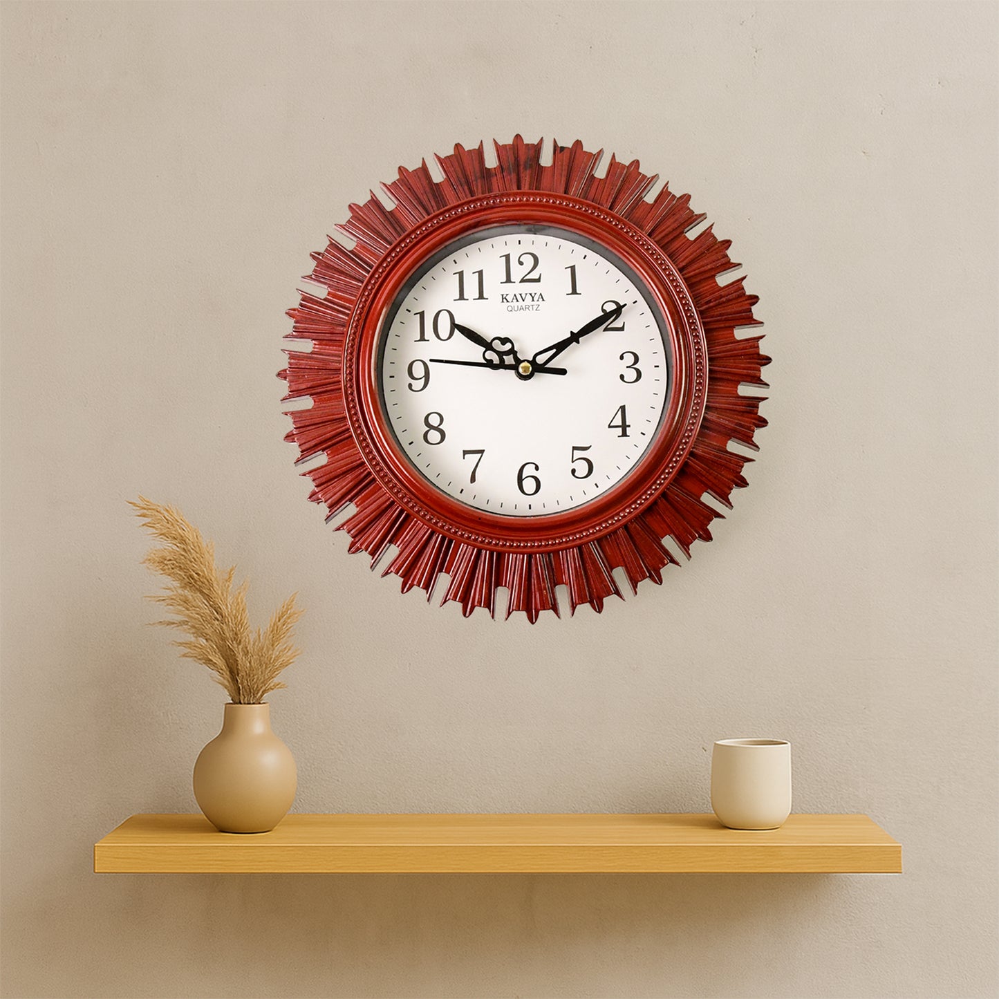Wukusy wooden look designer round wall clock with easy-to-read face, battery operated, ideal for home, kitchen, bedroom, or office decor.