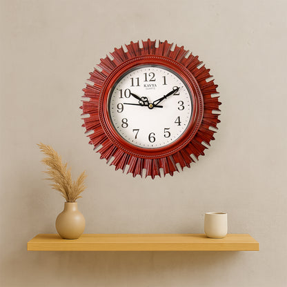 Wukusy wooden look designer round wall clock with easy-to-read face, battery operated, ideal for home, kitchen, bedroom, or office decor.