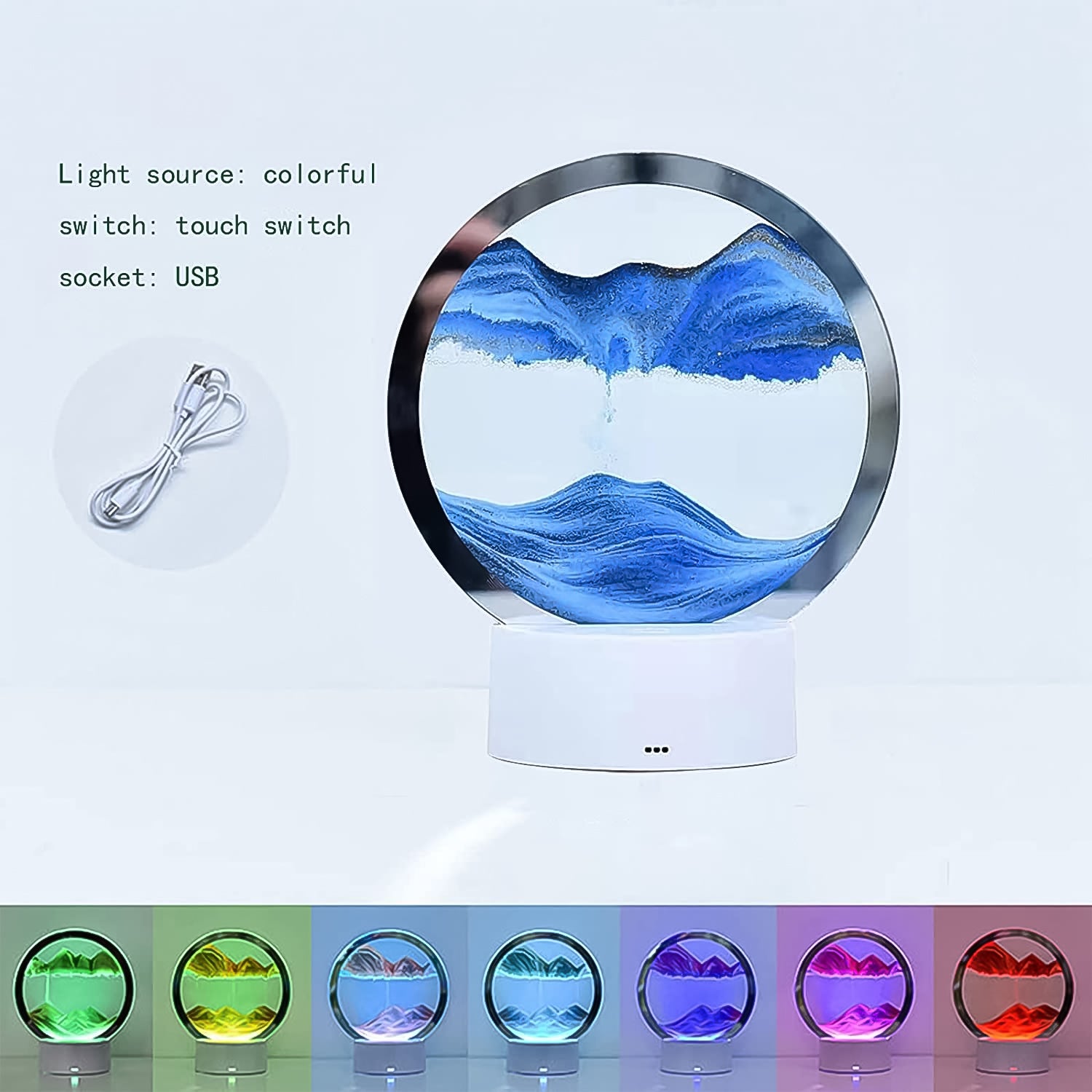 Wukusy 5-color light moving sand art picture for home improvement, featuring vibrant sand designs in a sleek display frame.