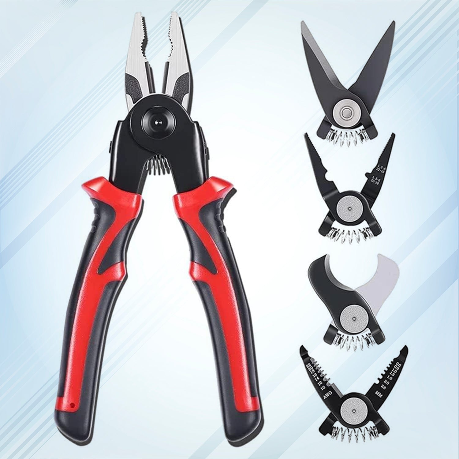 Wukusy 5-in-1 wire stripper pliers set with soft grip handles, alloy steel cutting, gripping, and stripping tools for home improvement.
