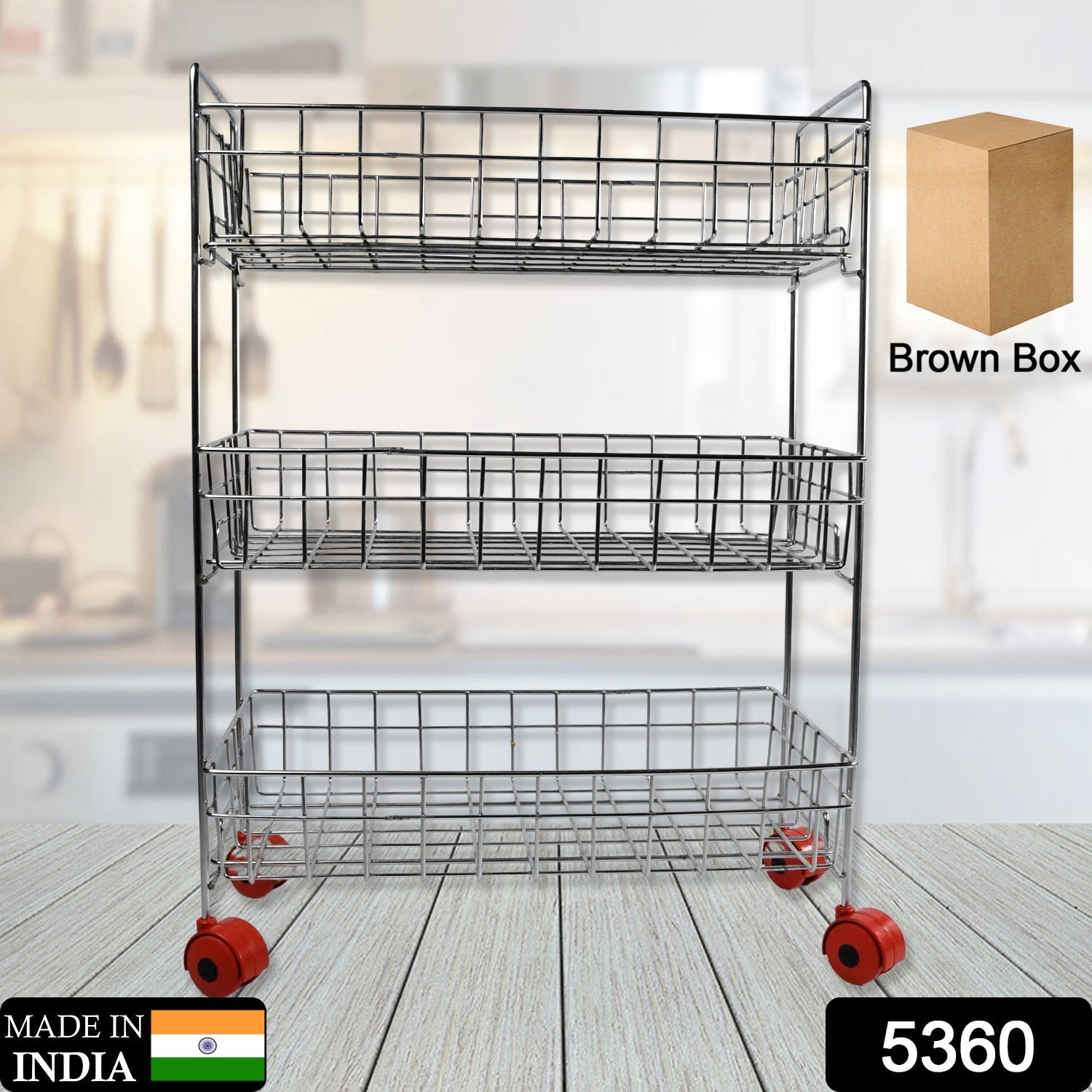 Wukusy stainless steel 3-tier fruit and vegetable stand with baskets for kitchen storage and organization.