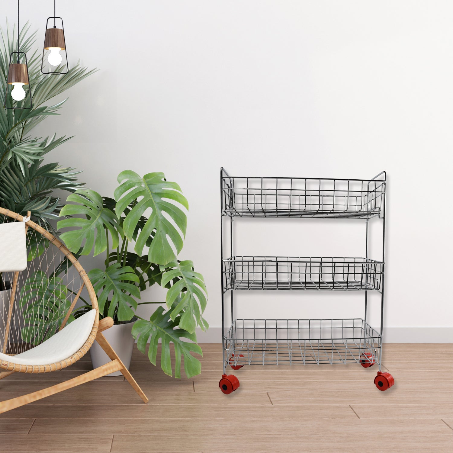 Wukusy stainless steel 3-tier kitchen trolley with fruit and vegetable baskets, ideal for kitchen storage and organization.