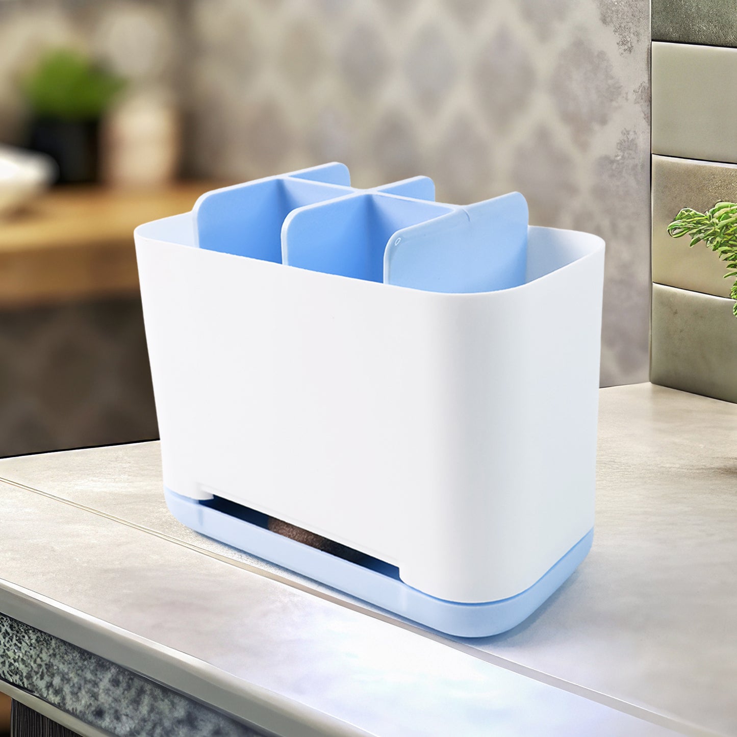 Wukusy 6-compartment plastic organizer and toothbrush holder stand for bathroom storage and home organization.