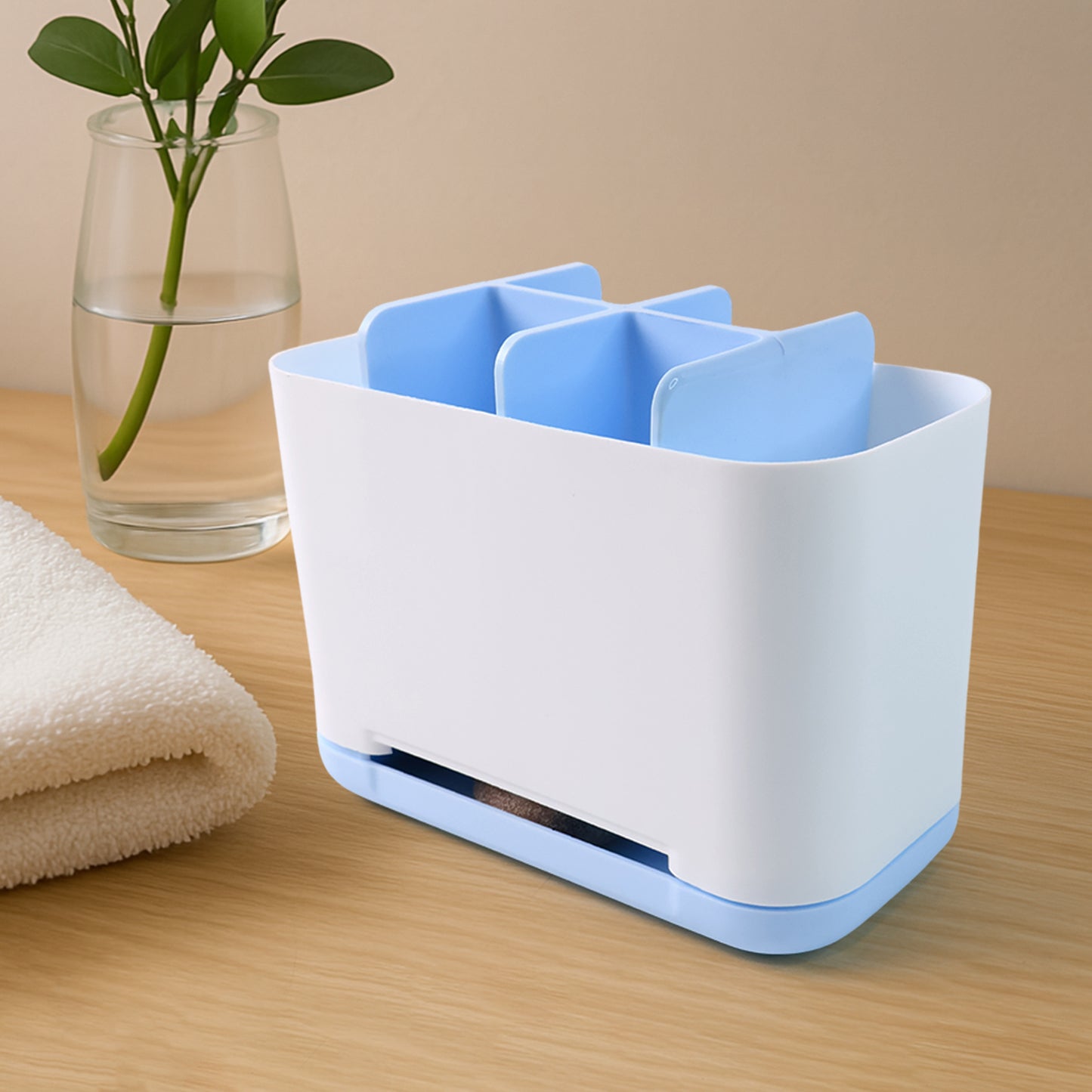 Wukusy 6-compartment plastic toothbrush holder stand, multi-purpose organizer caddy for bathroom or home storage.