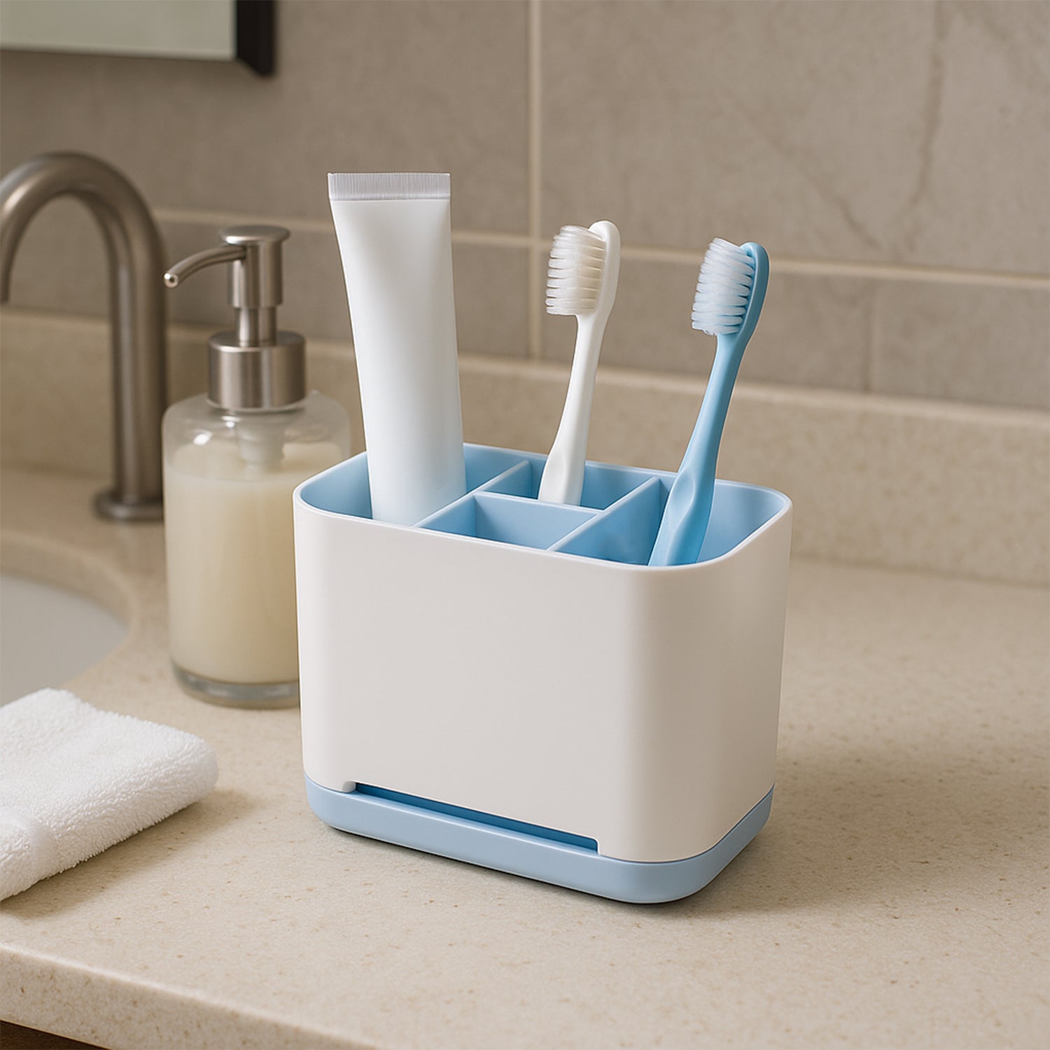 Wukusy 6-compartment plastic toothbrush holder stand for organizing bathroom essentials in a home improvement setting.