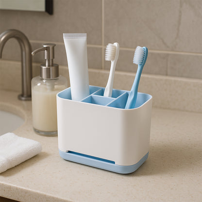 Wukusy 6-compartment plastic toothbrush holder stand for organizing bathroom essentials in a home improvement setting.