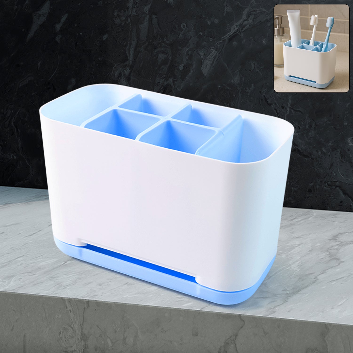 Wukusy 6-compartment plastic toothbrush holder and organizer stand for bathroom storage, featuring multiple sections for organization.