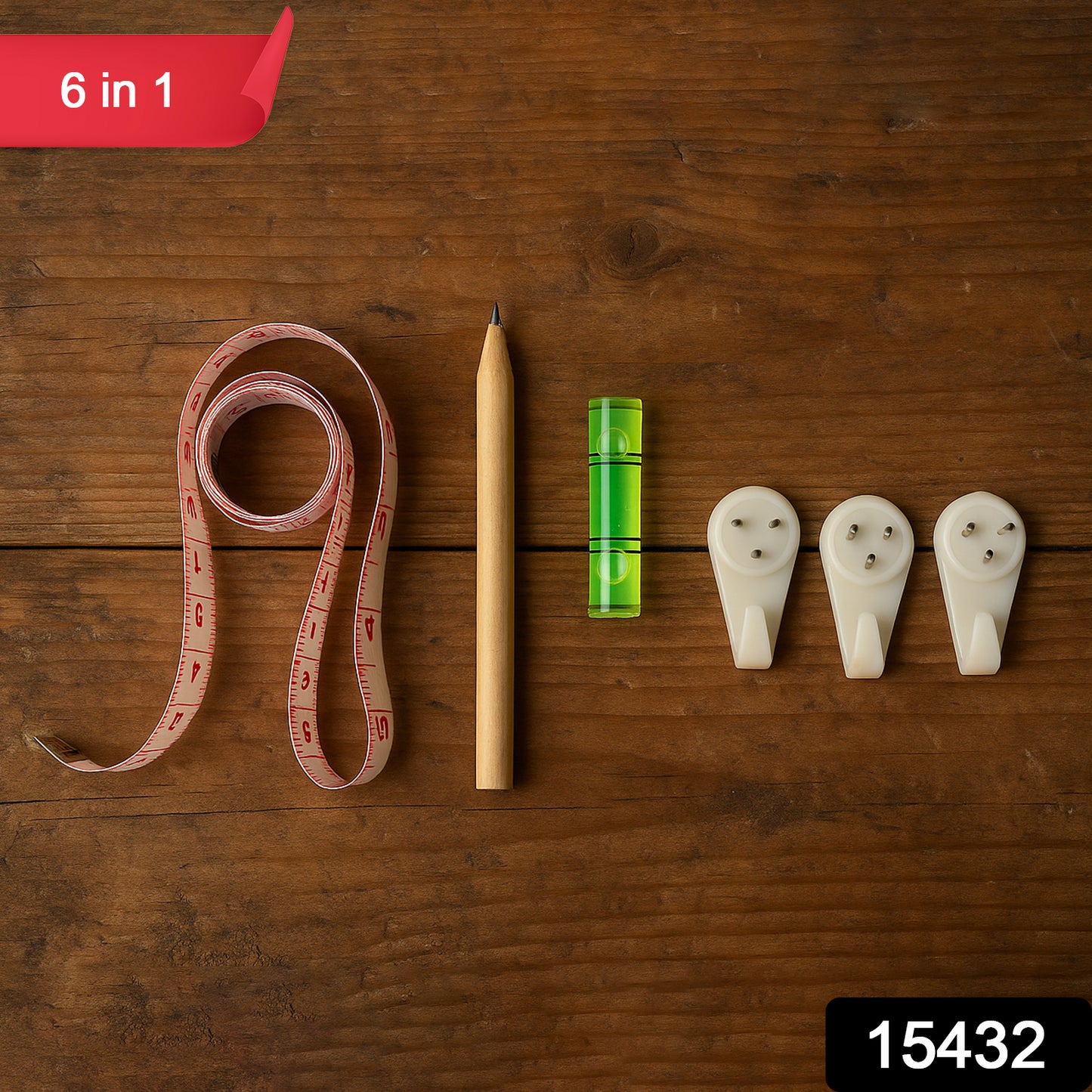 Wukusy 6-in-1 wall hanging measurement tool kit for home improvement, including level, ruler, and measuring tape in a compact set.