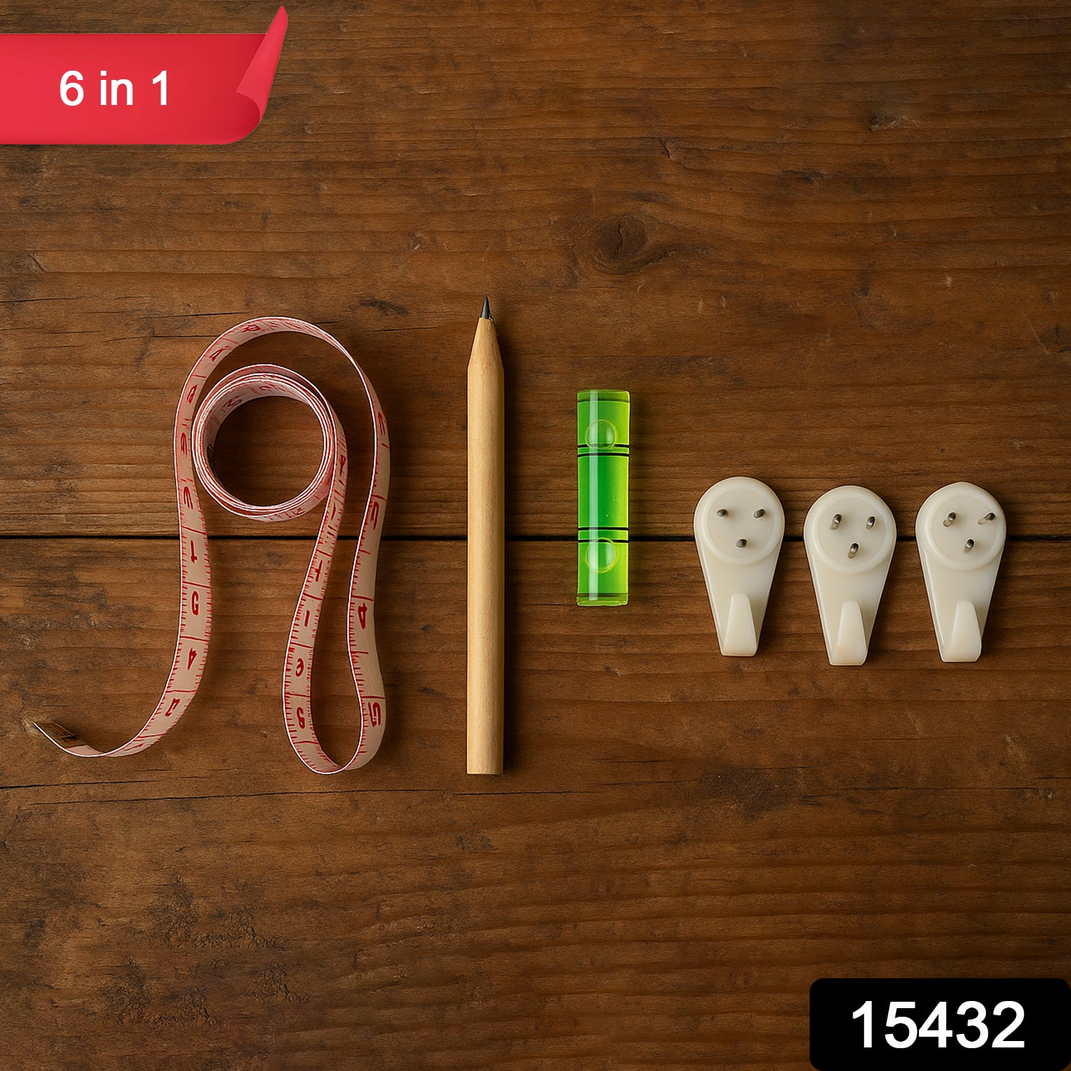 Wukusy 6-in-1 wall hanging measurement tool kit for home improvement, including level, ruler, and measuring tape in a compact set.