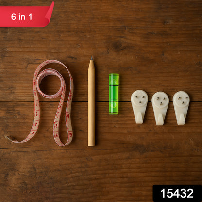 Wukusy 6-in-1 wall hanging measurement tool kit for home improvement, including level, ruler, and measuring tape in a compact set.