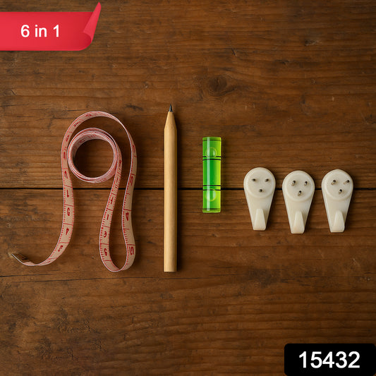 Wukusy 6-in-1 wall hanging measurement tool kit for home improvement, including level, ruler, and measuring tape in a compact set.