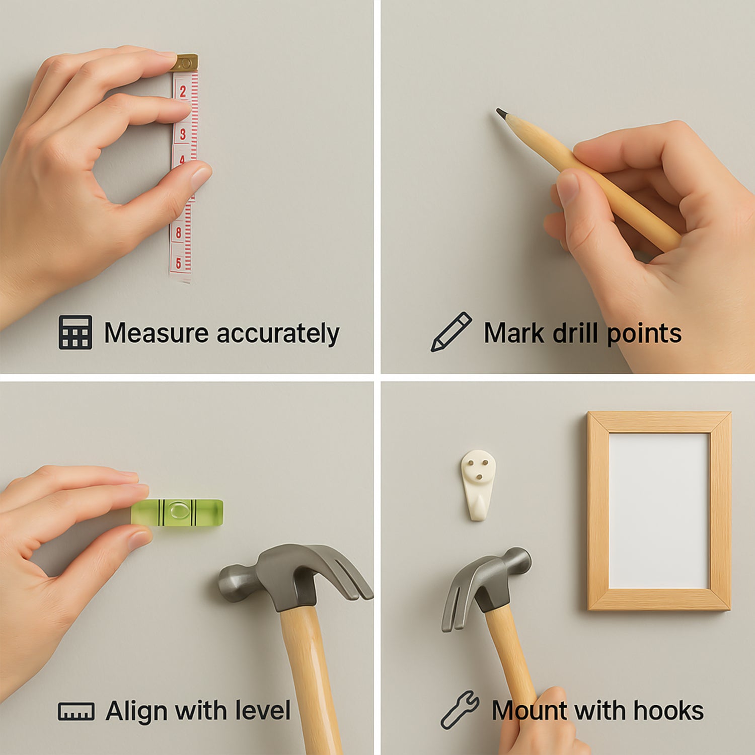 Wukusy 6-in-1 wall hanging measurement tool kit for home improvement, showing various measuring tools and levels on a wall.
