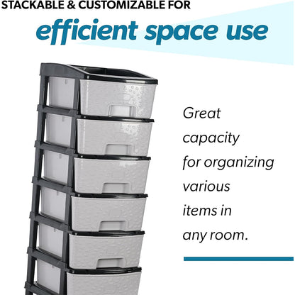 Wukusy 6-layer heavy-duty plastic drawer organizer cabinet with stone texture drawers for home organization and storage.