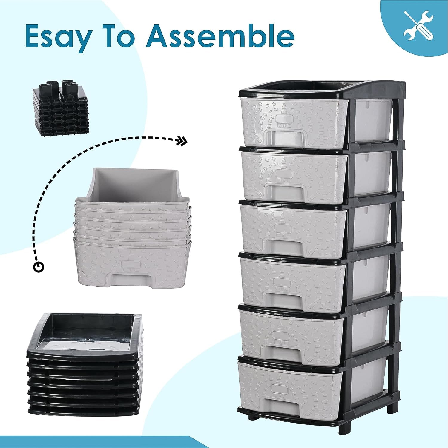 Wukusy 6-layer heavy-duty plastic drawer organizer cabinet with stone texture drawers for home improvement and storage.
