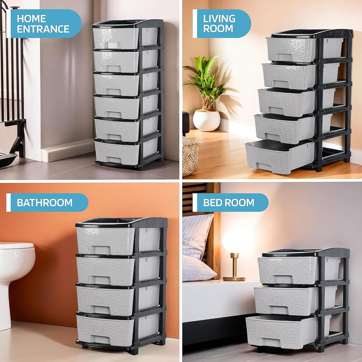 Wukusy 6-layer heavy-duty plastic drawer organizer cabinet with textured stone-style drawers for home storage and organization.