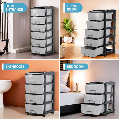 Wukusy 6-layer heavy-duty plastic drawer organizer cabinet with textured stone-style drawers for home storage and organization.