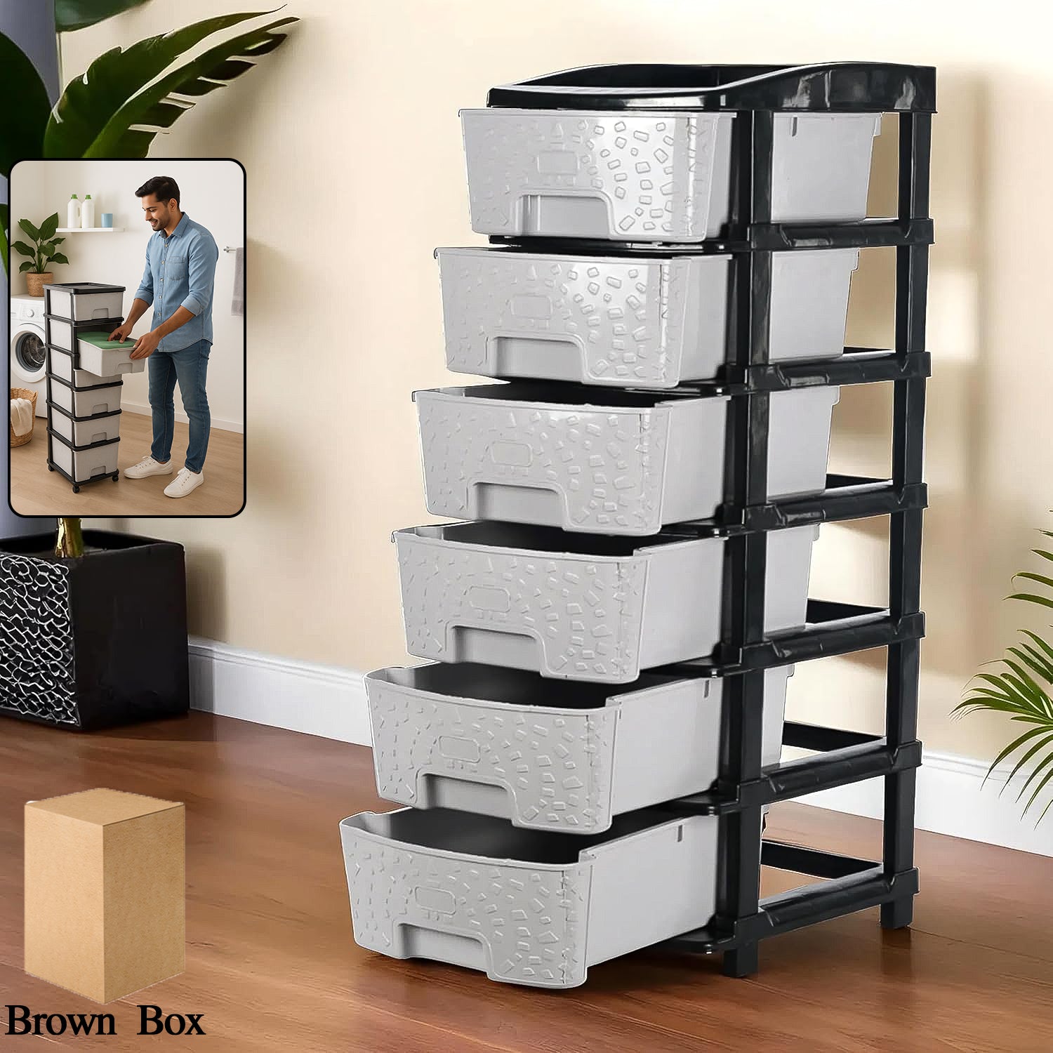 Wukusy 6-layer heavy-duty plastic drawer organizer cabinet with stone textured drawers for home organization and storage.