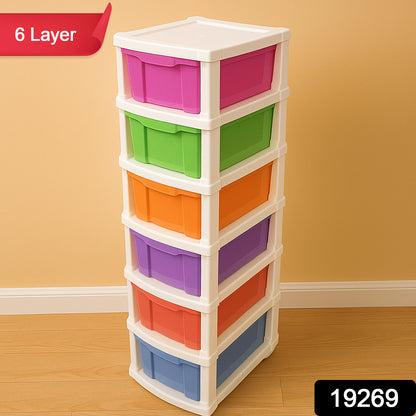 Multi-colored 6-layer plastic storage drawer cabinet by Wukusy, ideal for organizing home improvement supplies.