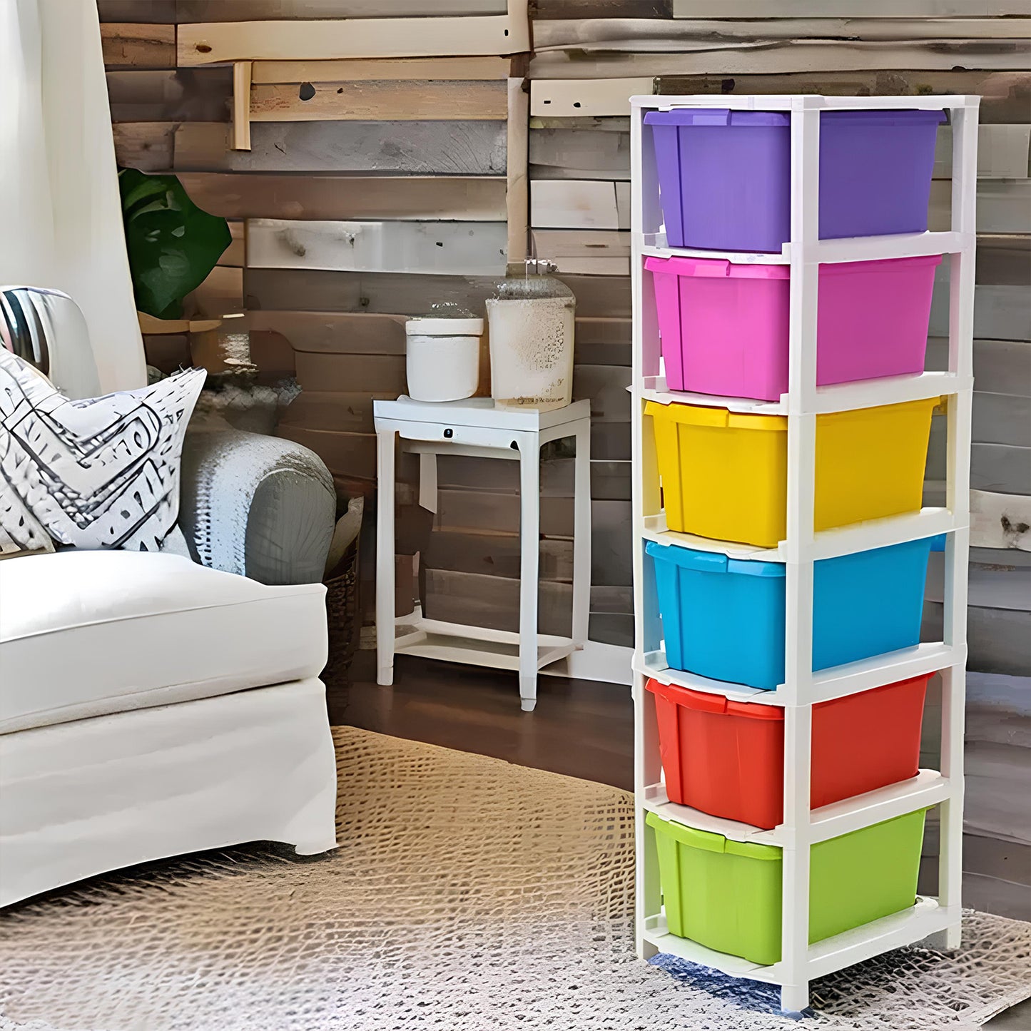 Multi-colored plastic storage drawer cabinet with six layers, ideal for home organization and home improvement projects.