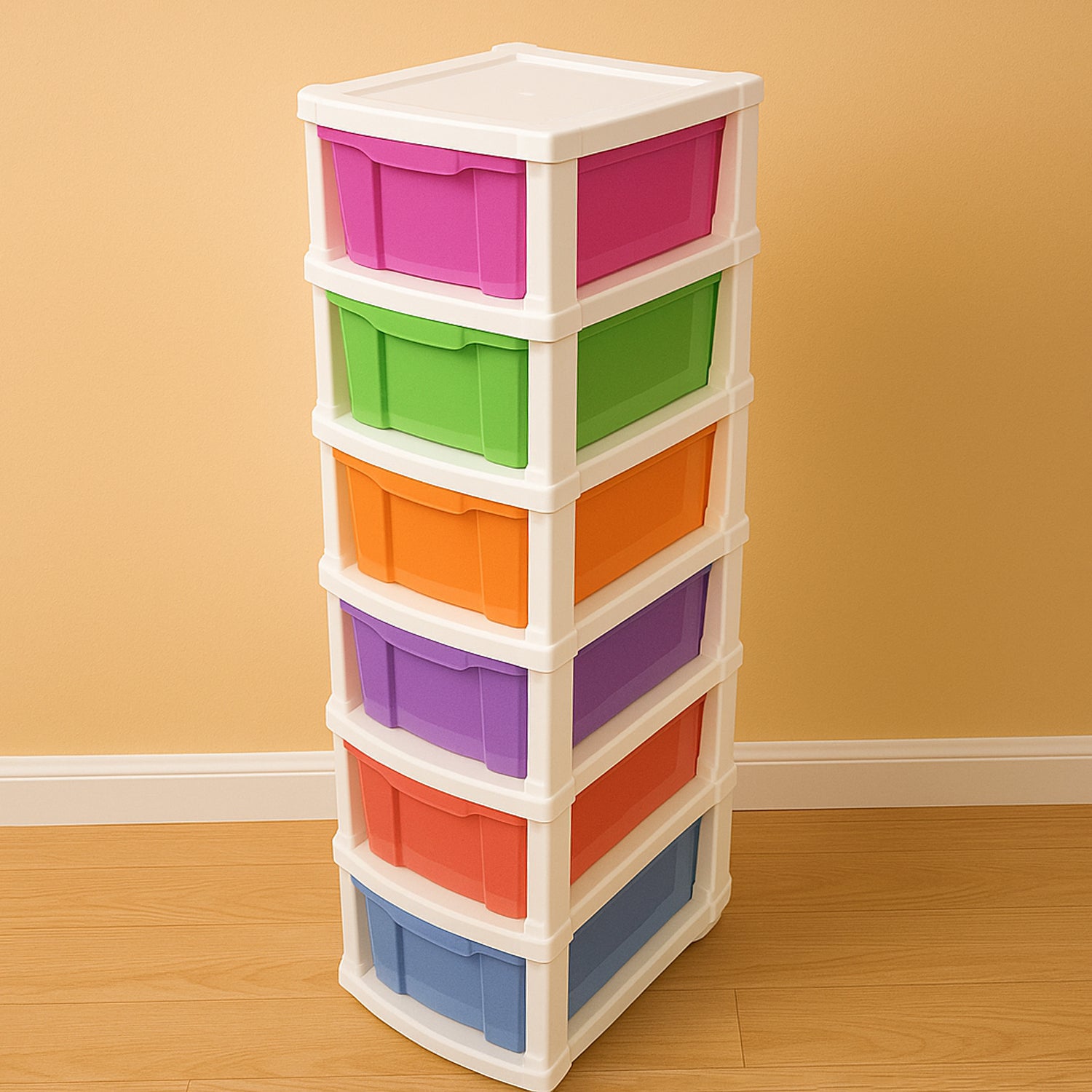 Multi-colored Wukusy 6-layer plastic storage drawer cabinet for home organization and home improvement.