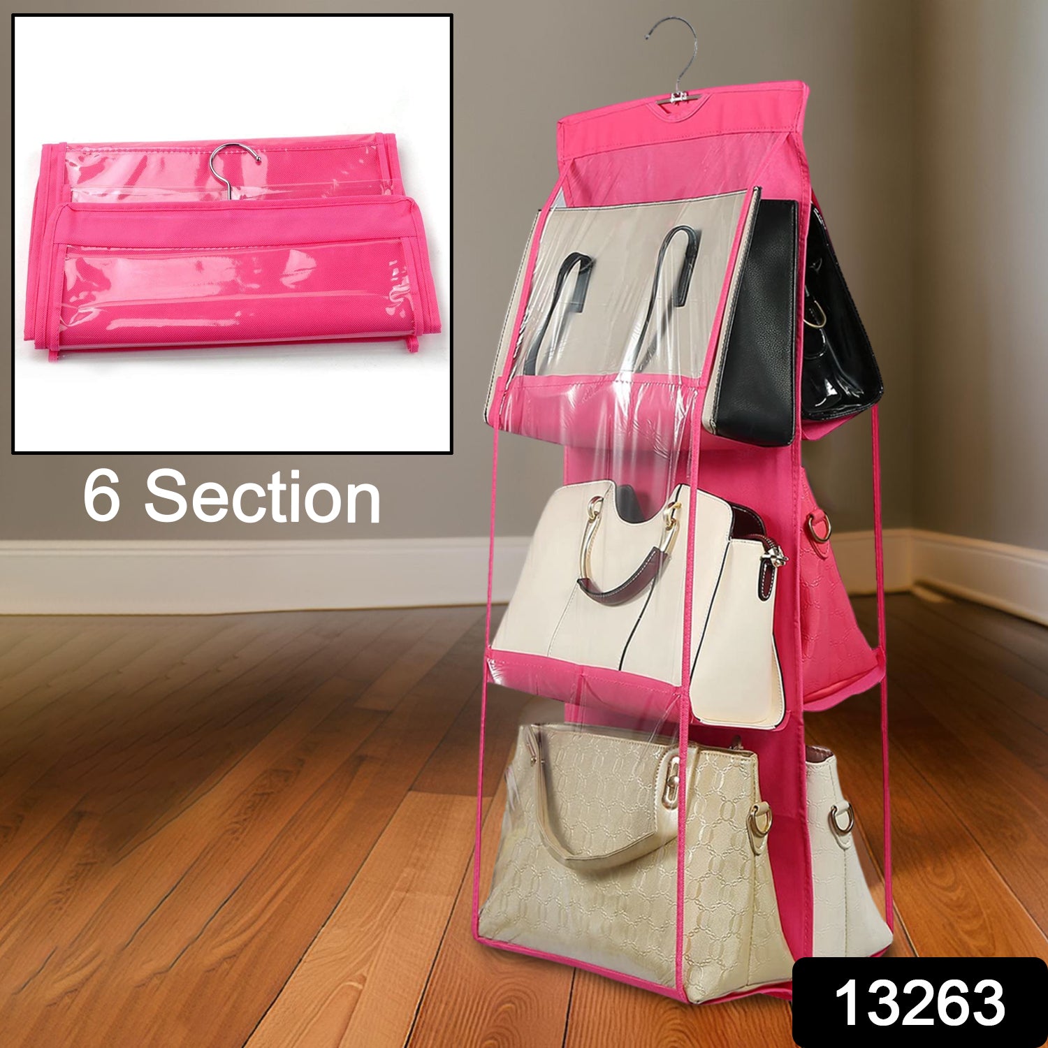 Clear hanging purse organizer with six pockets, Wukusy home improvement product, designed for easy storage of handbags and accessories.