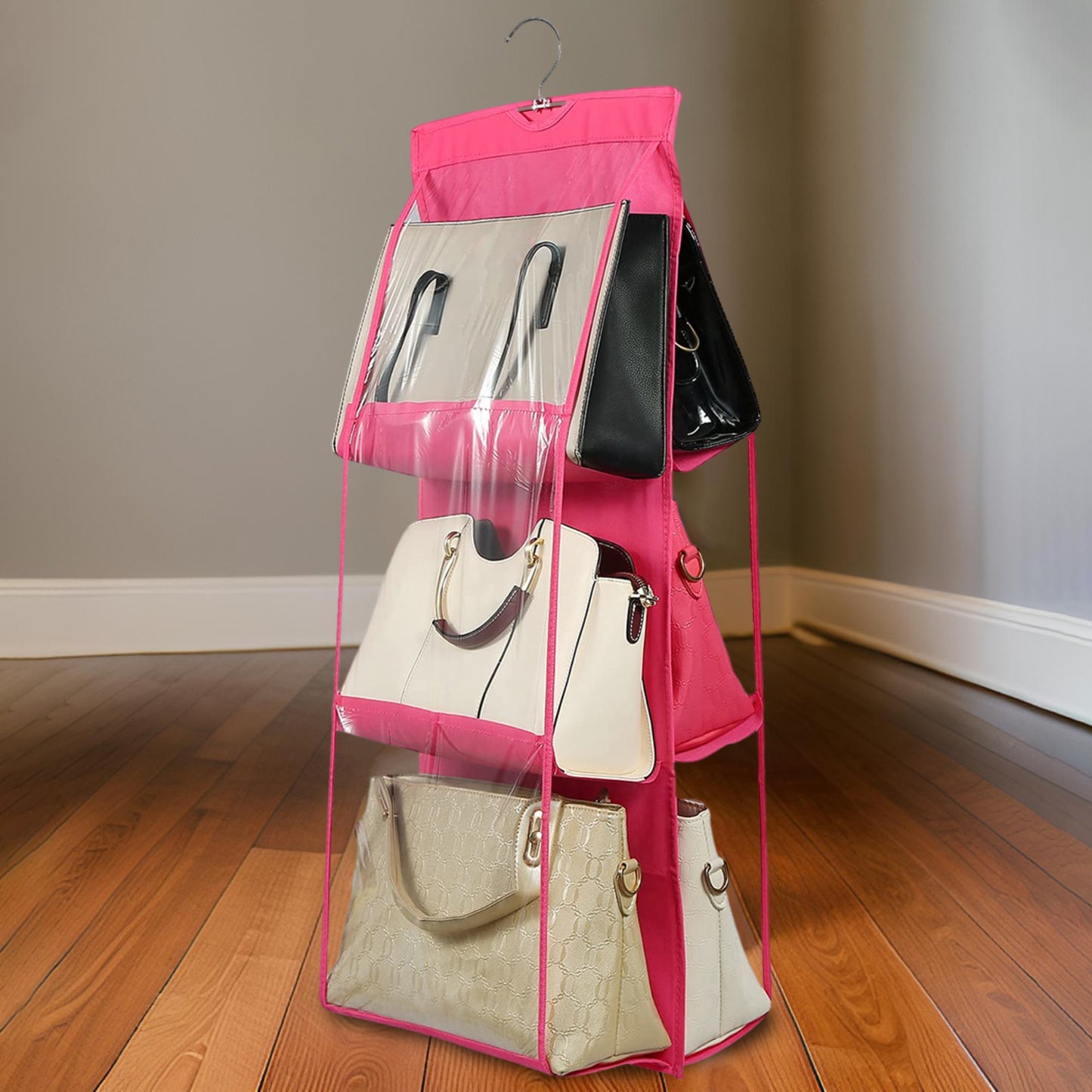 Clear Wukusy hanging purse organizer with 6 pockets, designed for easy storage and access of handbags and accessories.