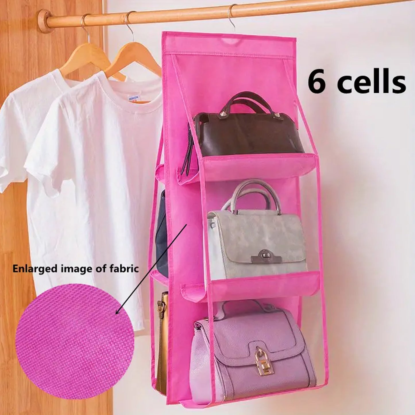 Clear Wukusy 6-pocket hanging purse and handbag organizer with fabric-lined pockets for closet or door storage.