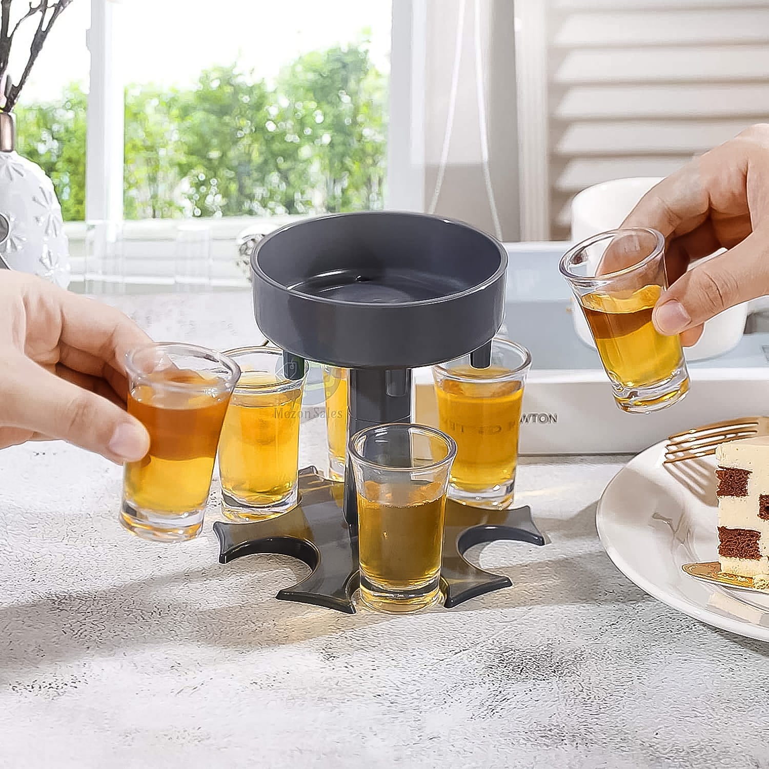 Wukusy 6-port drink dispenser stand for home improvement, holding multiple beverage containers on a sturdy metal frame.