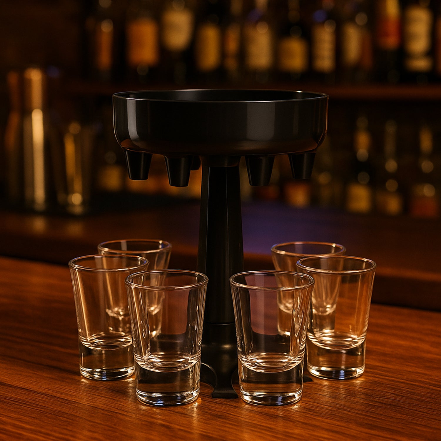 Wukusy 6-port drink dispenser stand for home improvement, showcasing a sturdy black metal stand with six slots for beverage containers.