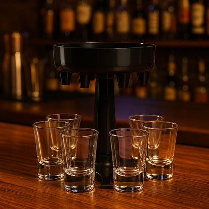 Wukusy 6-port drink dispenser stand for home improvement, showcasing a sturdy black metal stand with six slots for beverage containers.