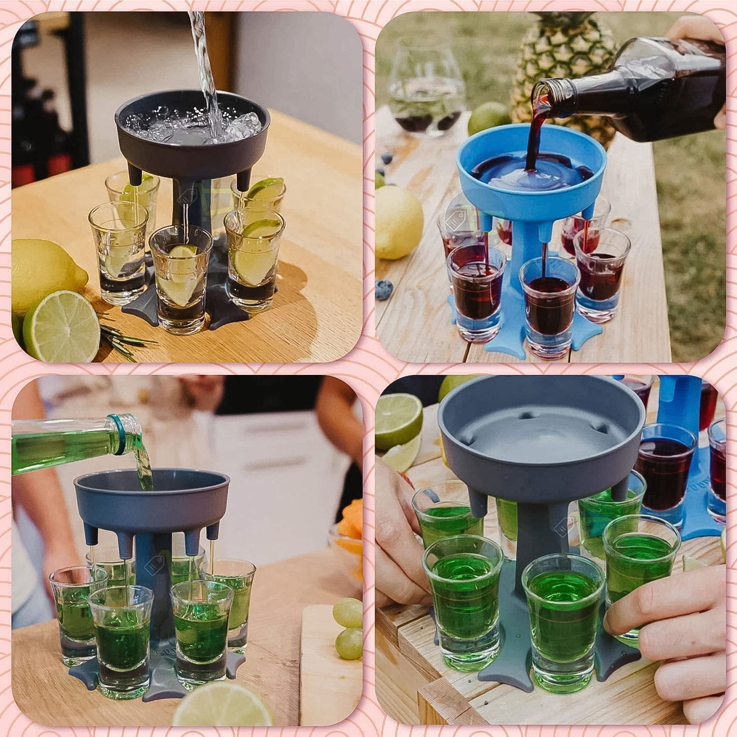 Wukusy 6-port drink dispenser stand for home improvement, holding multiple beverage containers on a sturdy frame.