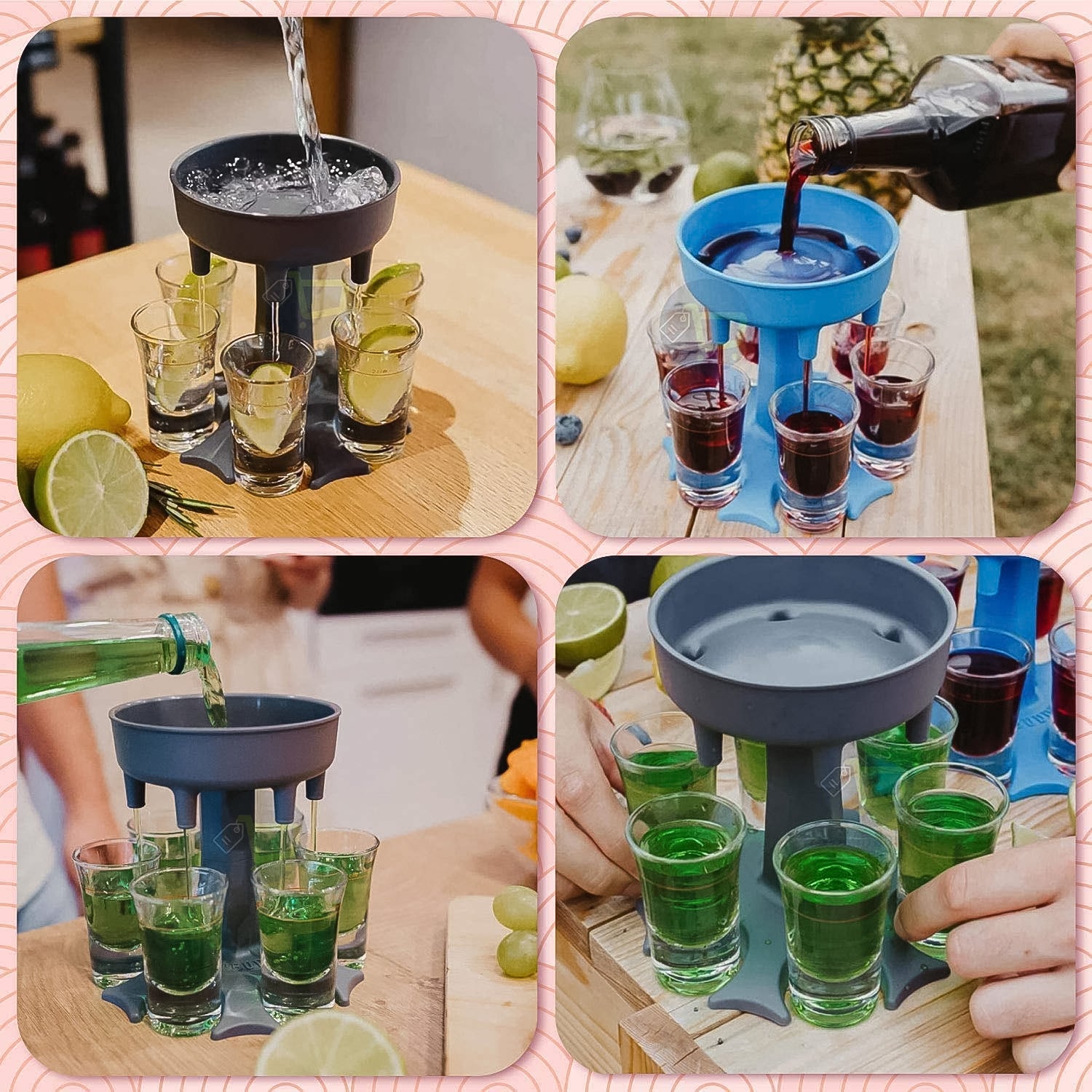Wukusy 6-port drink dispenser stand for home improvement, holding multiple beverage containers on a sturdy frame.
