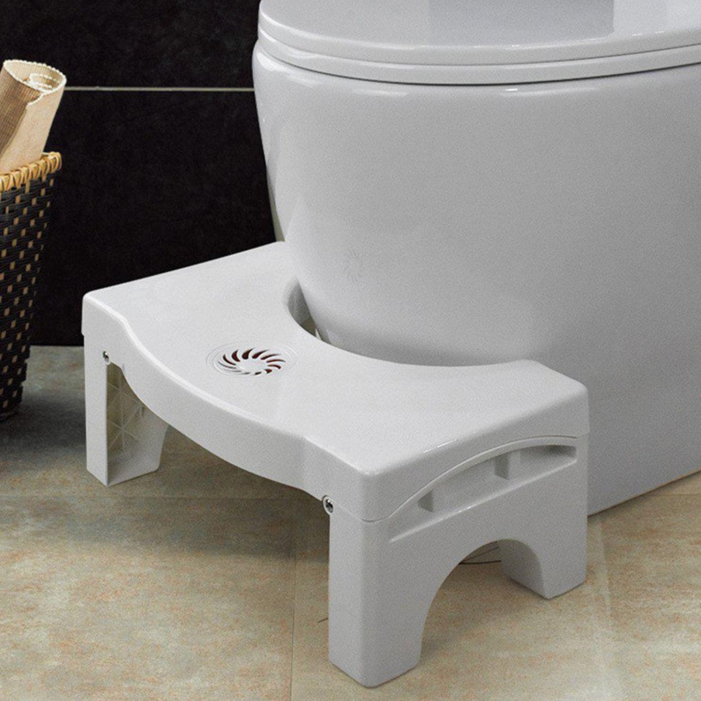 Wukusy plastic non-slip folding toilet squat stool in white, designed for increased comfort and stability during use.