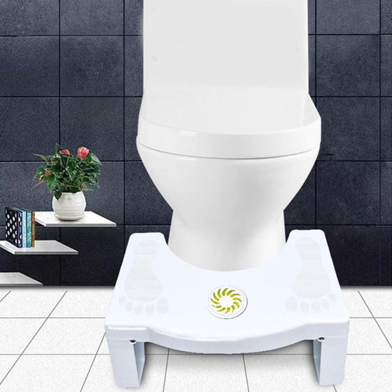 White Wukusy 6005a plastic non-slip folding toilet squat stool for home improvement, shown in a folded and unfolded position.
