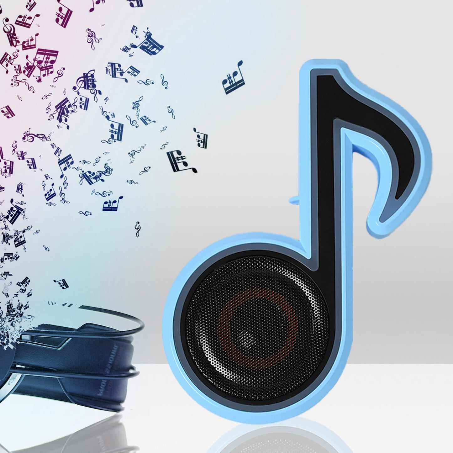 Wukusy Mini Portable Music Note Shape Speaker with colorful LED lighting, compact subwoofer for computer and phone sound enhancement