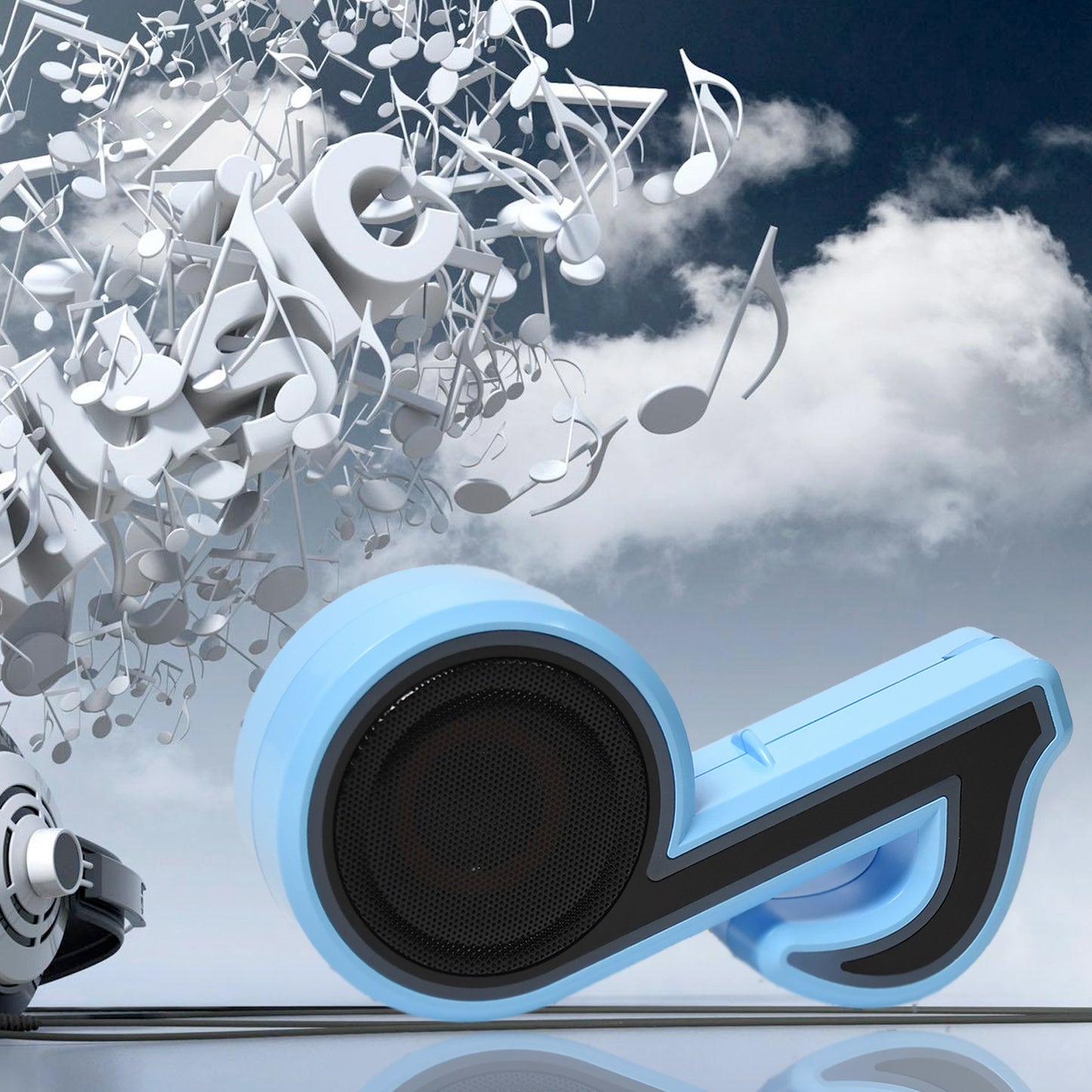 Wukusy mini portable music note-shaped speaker with colorful LED lighting, enhancing sound for computers and phones.