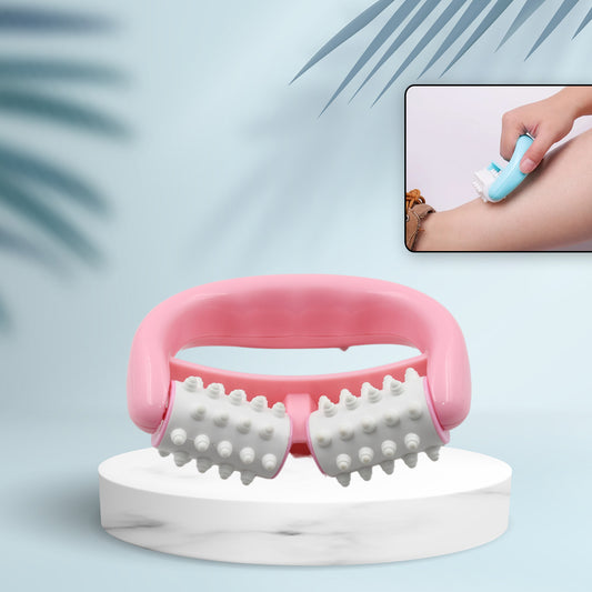 Wukusy manual round handle plastic massage roller with two rollers for cellulite, muscle pain relief, and relaxation on legs, arms, and back.