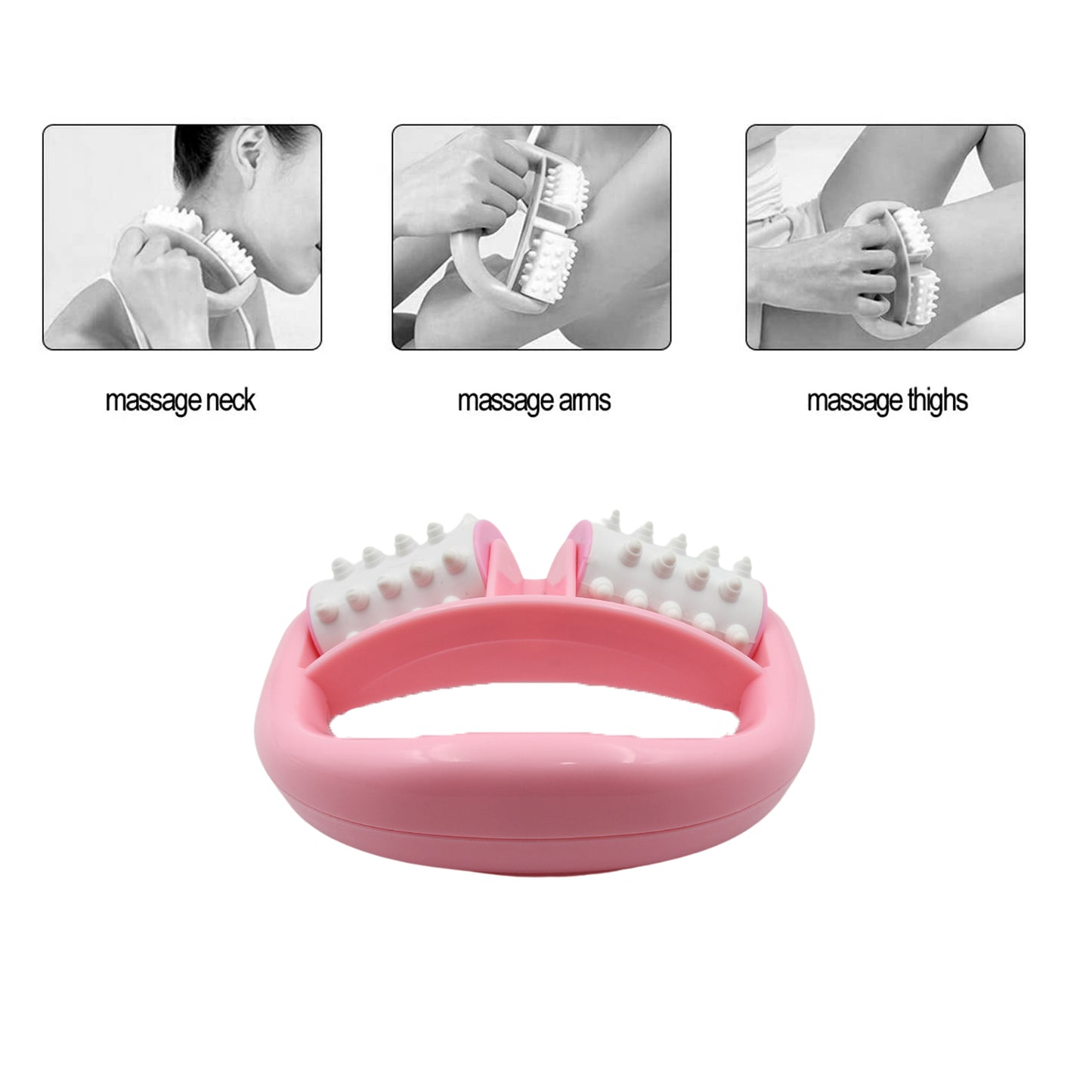 Wukusy 6405 manual round handle plastic massage roller with two rollers for cellulite, muscle pain relief, and relaxation.